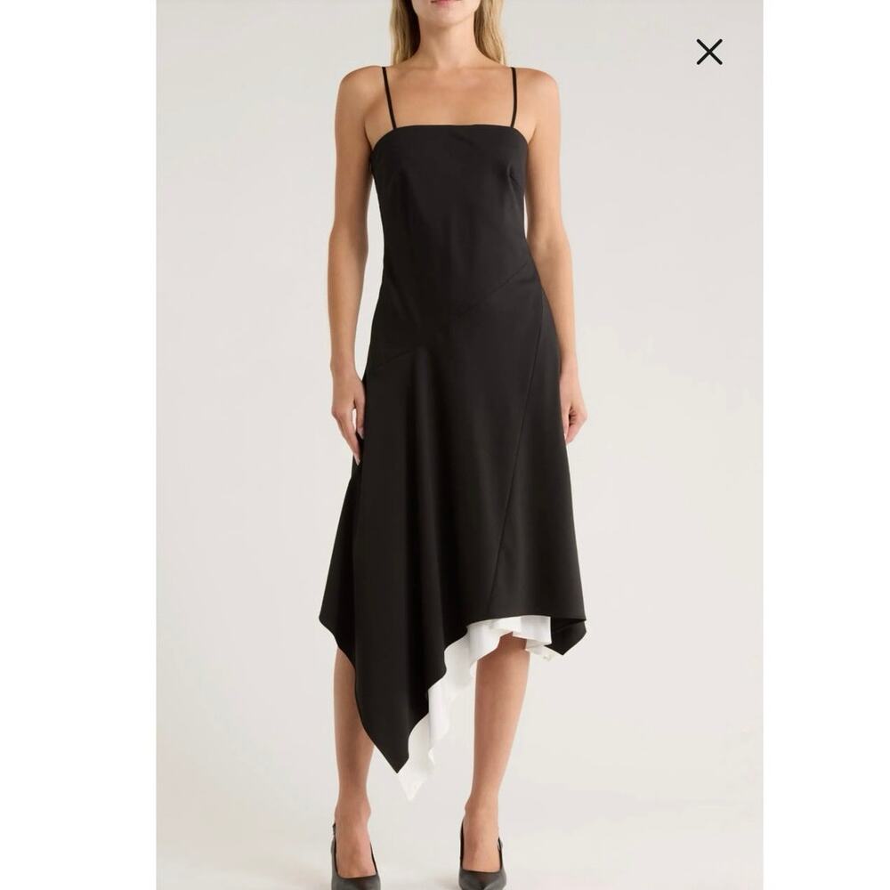 NWOT Helmut Lang Asymmetric Scarf Hem Virgin
Wool Dress in Black/White SZ 0